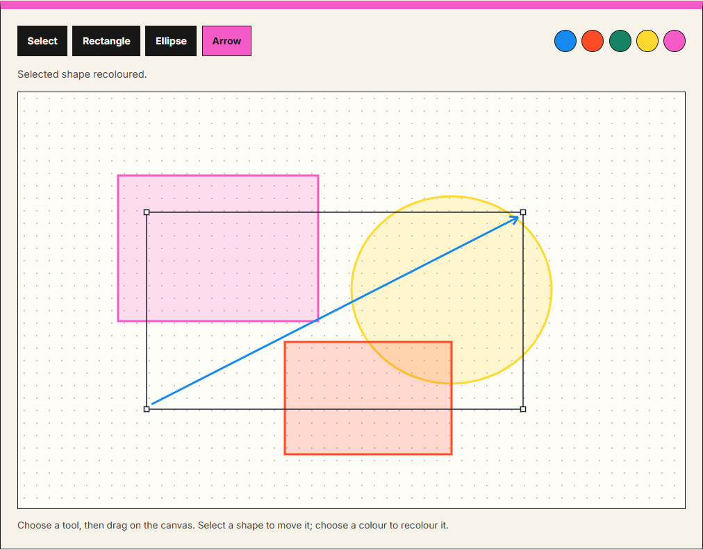 The actual Canvas Studio app with drawing tools, colour palette and shapes drawn on its canvas
