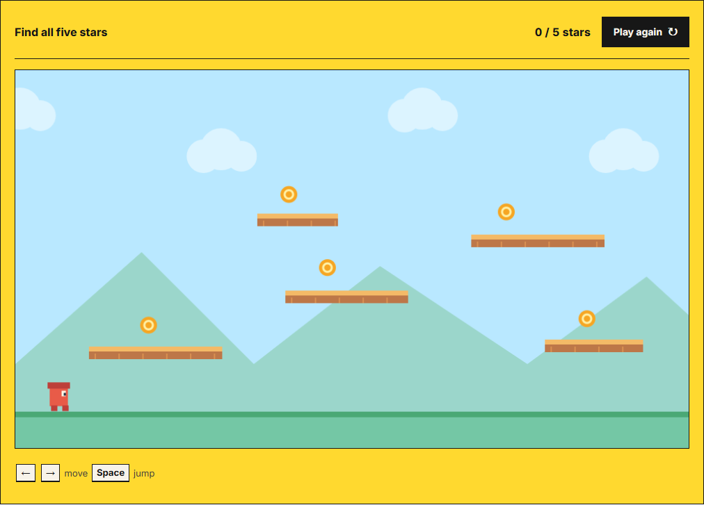 The actual Skybound Java platform game: platforms, collectible stars and a jumping character